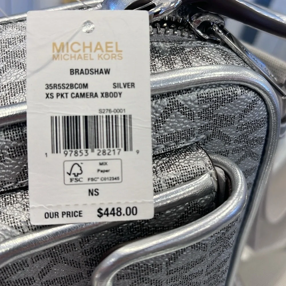 Michael Kors Bradshaw Extra-Small Metallic Signature Logo Camera Crossbody Silv